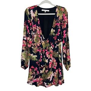Lovers and Friends Black Floral Deep V-Neck Long Sleeve Mini Dress Size Medium